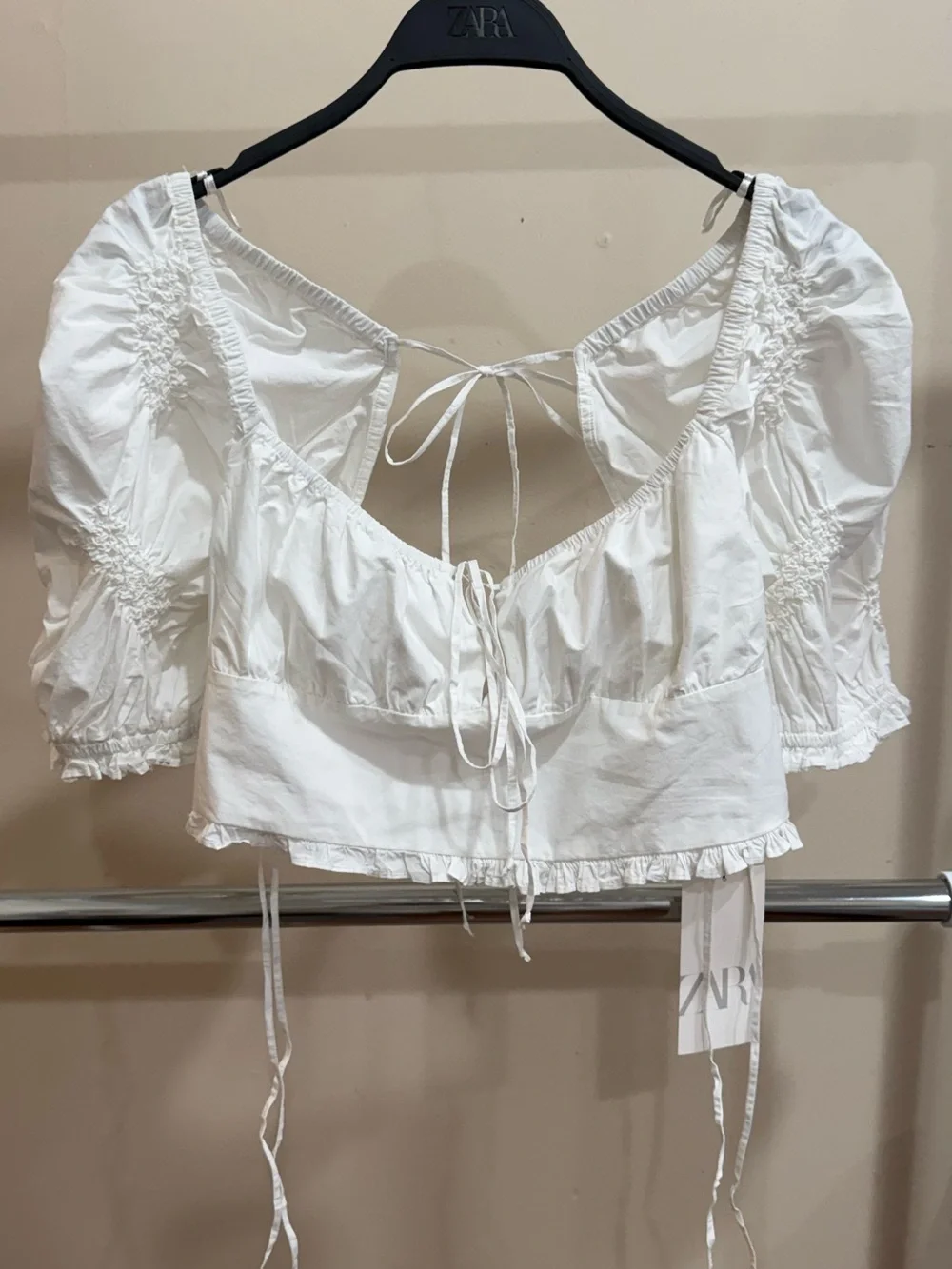 ZARA White Puff Sleeve Tie Front Crop Top NWT Size M